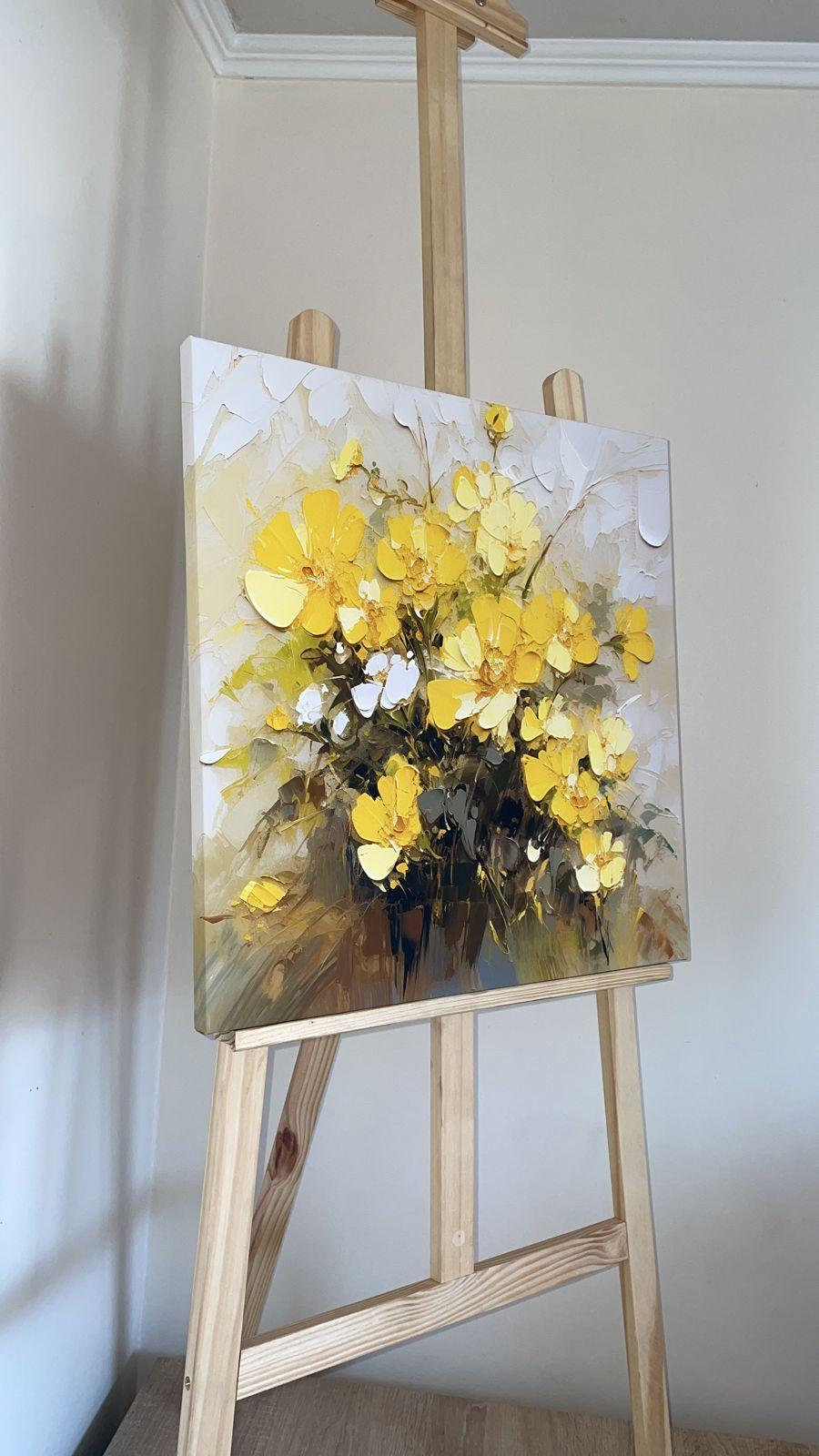 Cuadro decorativo floral amarillo sobre atril
