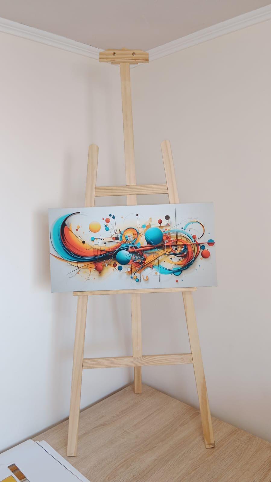 Cuadro decorativo horizontal abstracto con formas turquesa y naranjo sobre atril
