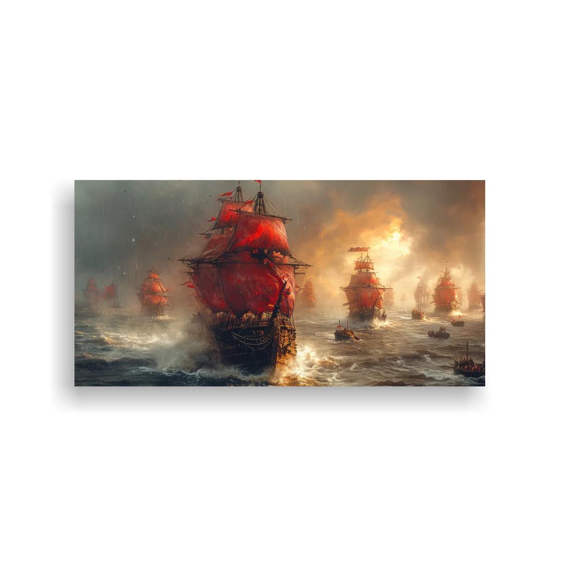 Cuadro galeón de velas rojas con mar agitado — imagen principal