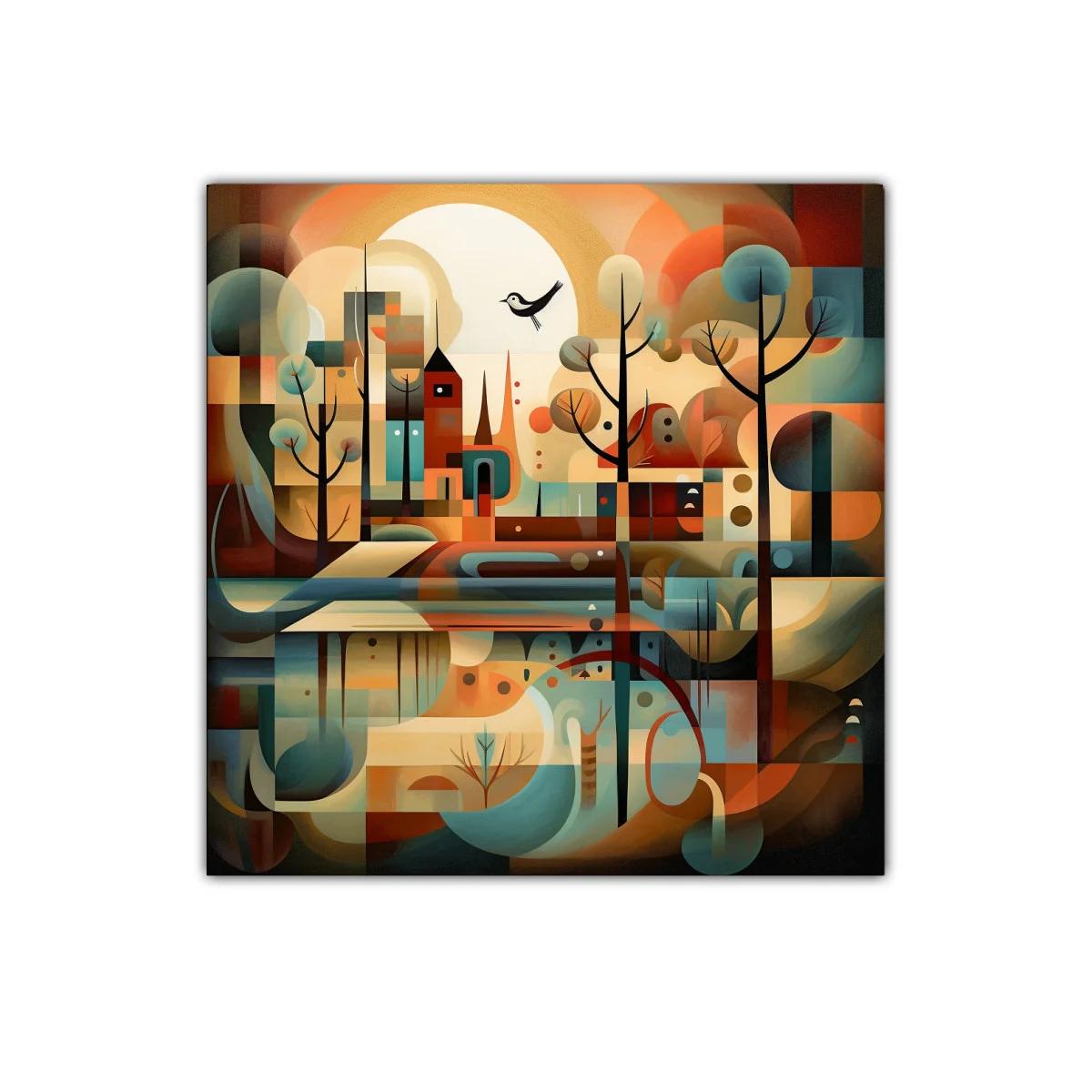 Paisaje abstracto con formas geométricas y tonos cálidos