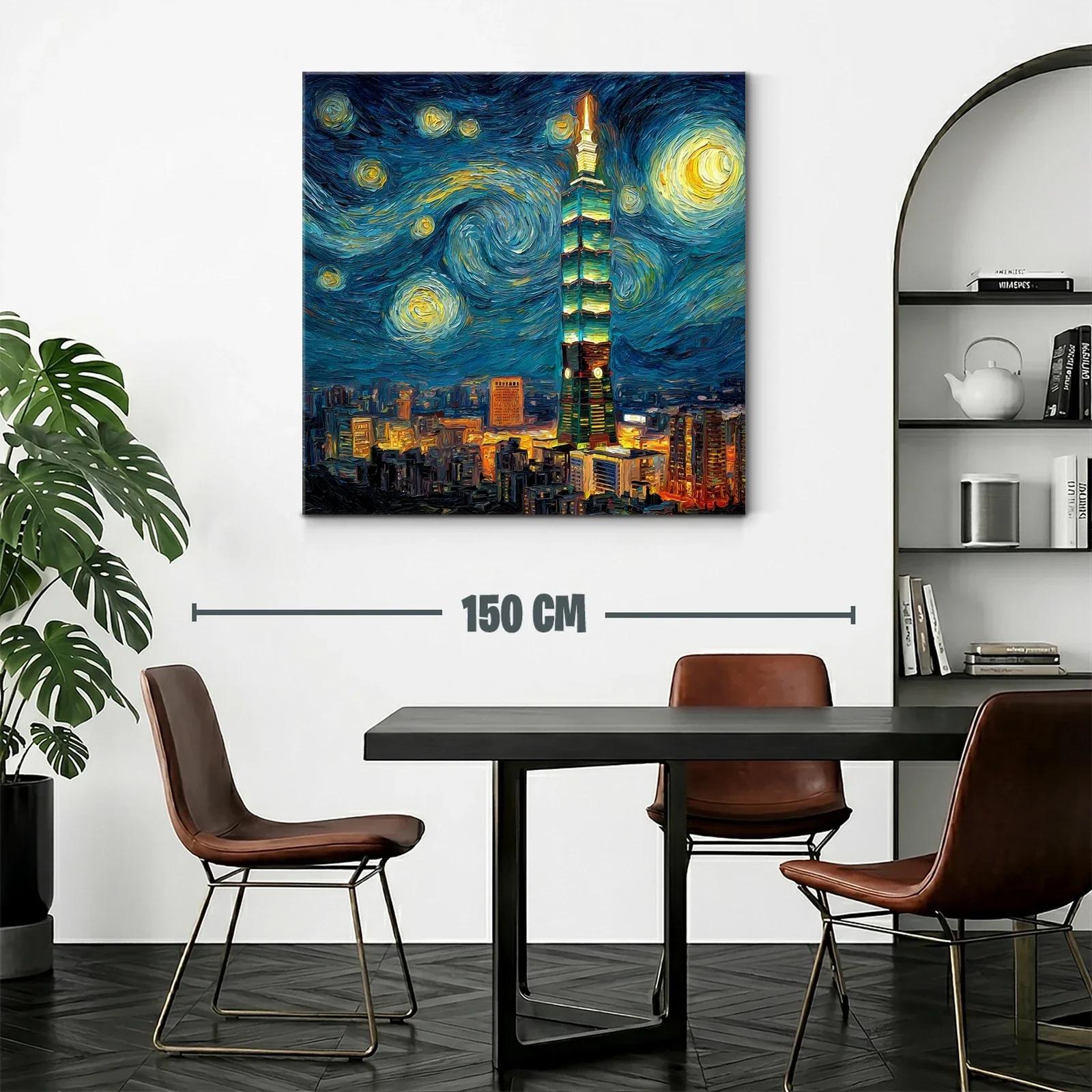 Ciudad nocturna vibrante con torre iluminada al estilo Van Gogh — miniatura 2