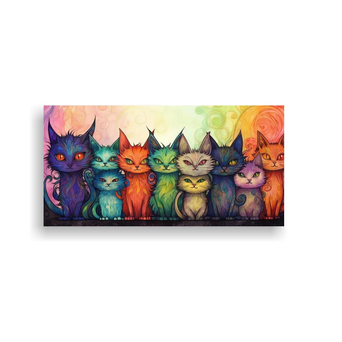 Cuadro grupo de gatos de colores en fila horizontal