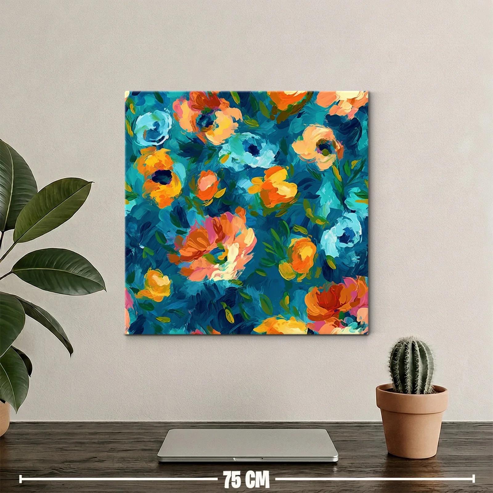 Cuadro floral vibrante con tonos azules y naranjas — miniatura 2