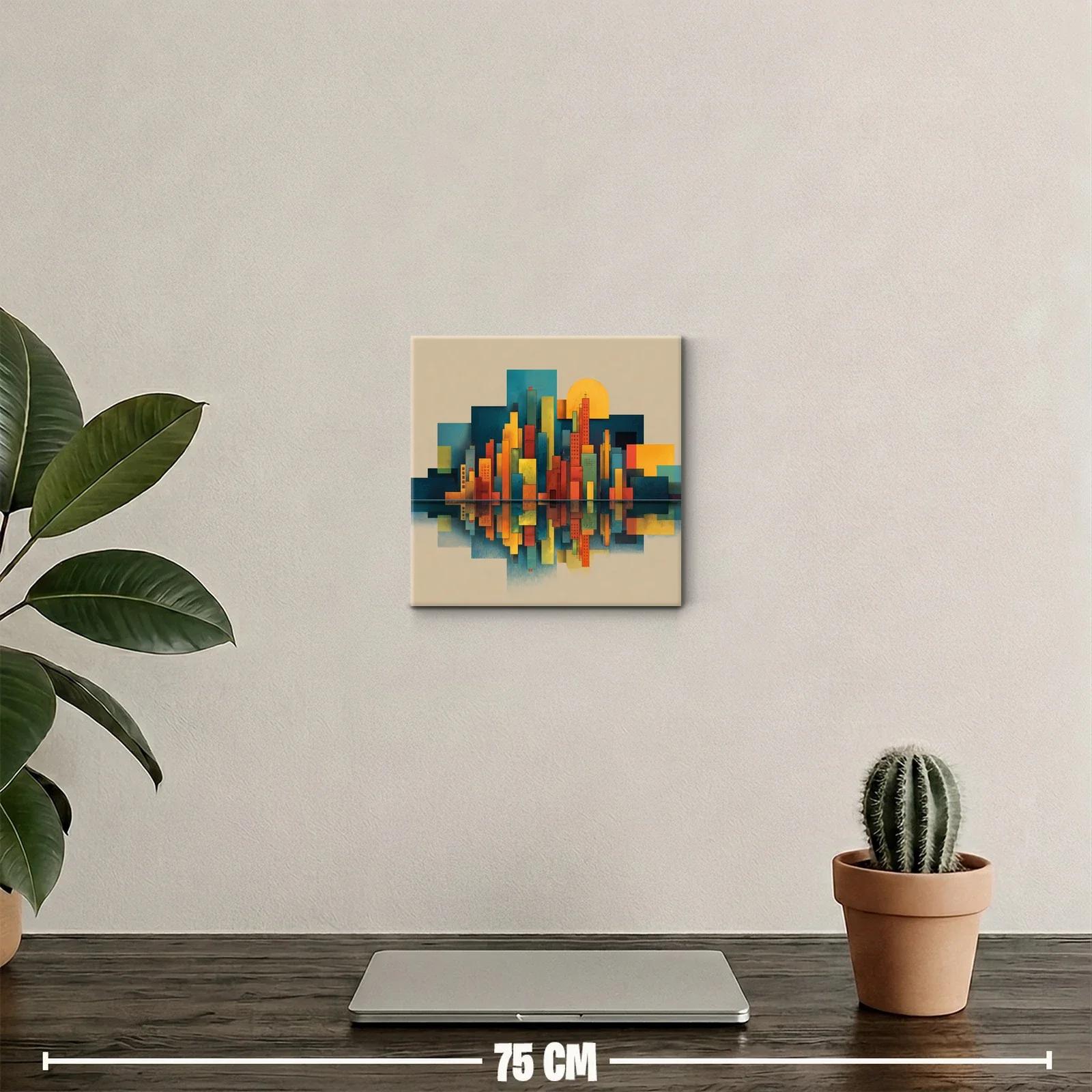 Cuadro de ciudad geométrica con reflejo al atardecer — miniatura 2