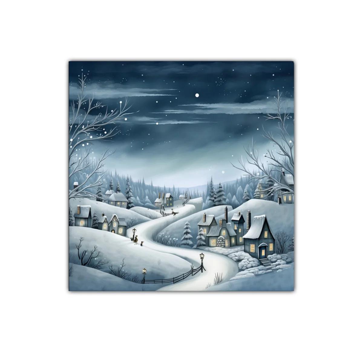 Paisaje invernal con casas y cielo estrellado nocturno — imagen principal