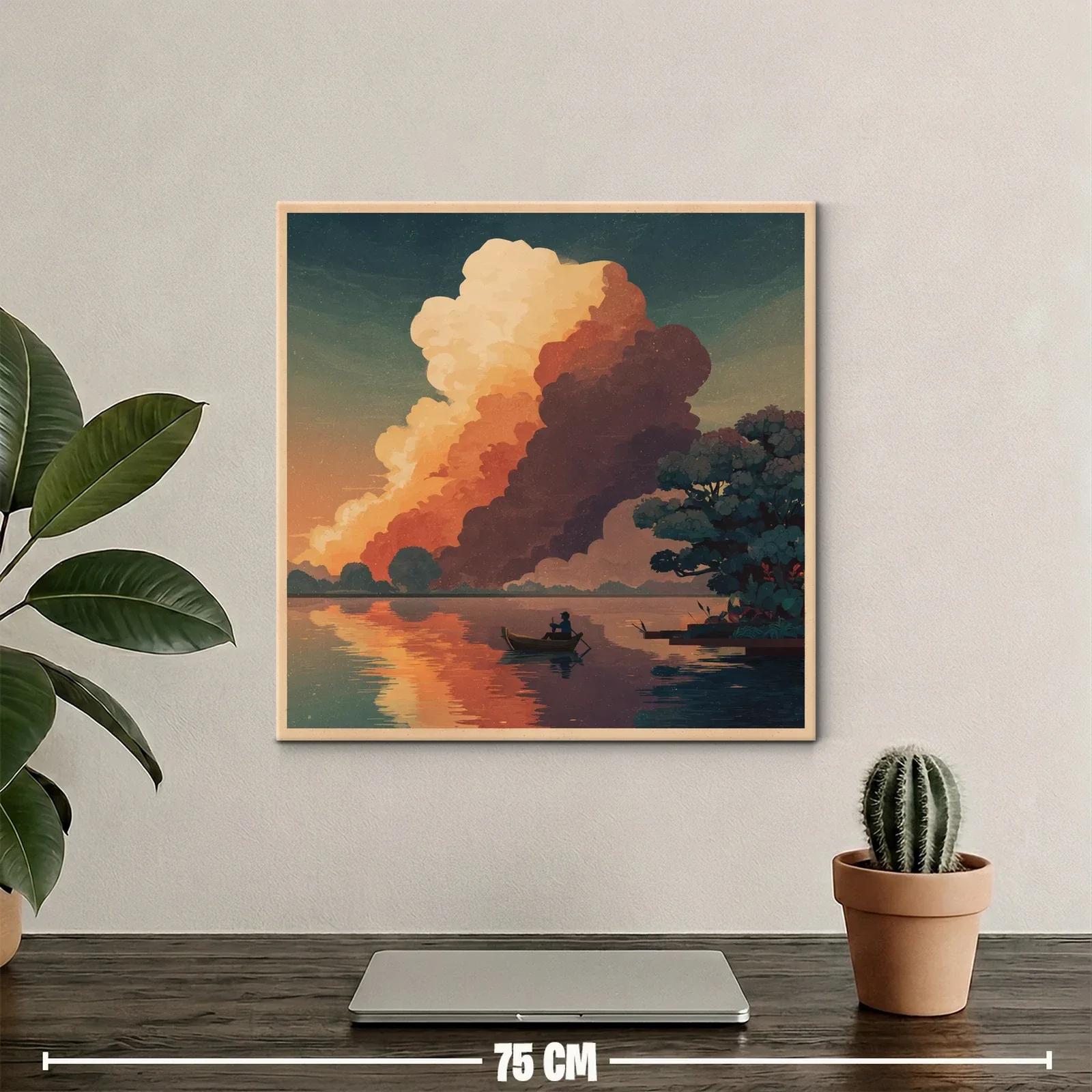 Paisaje sereno de un pescador en laguna al atardecer — miniatura 2