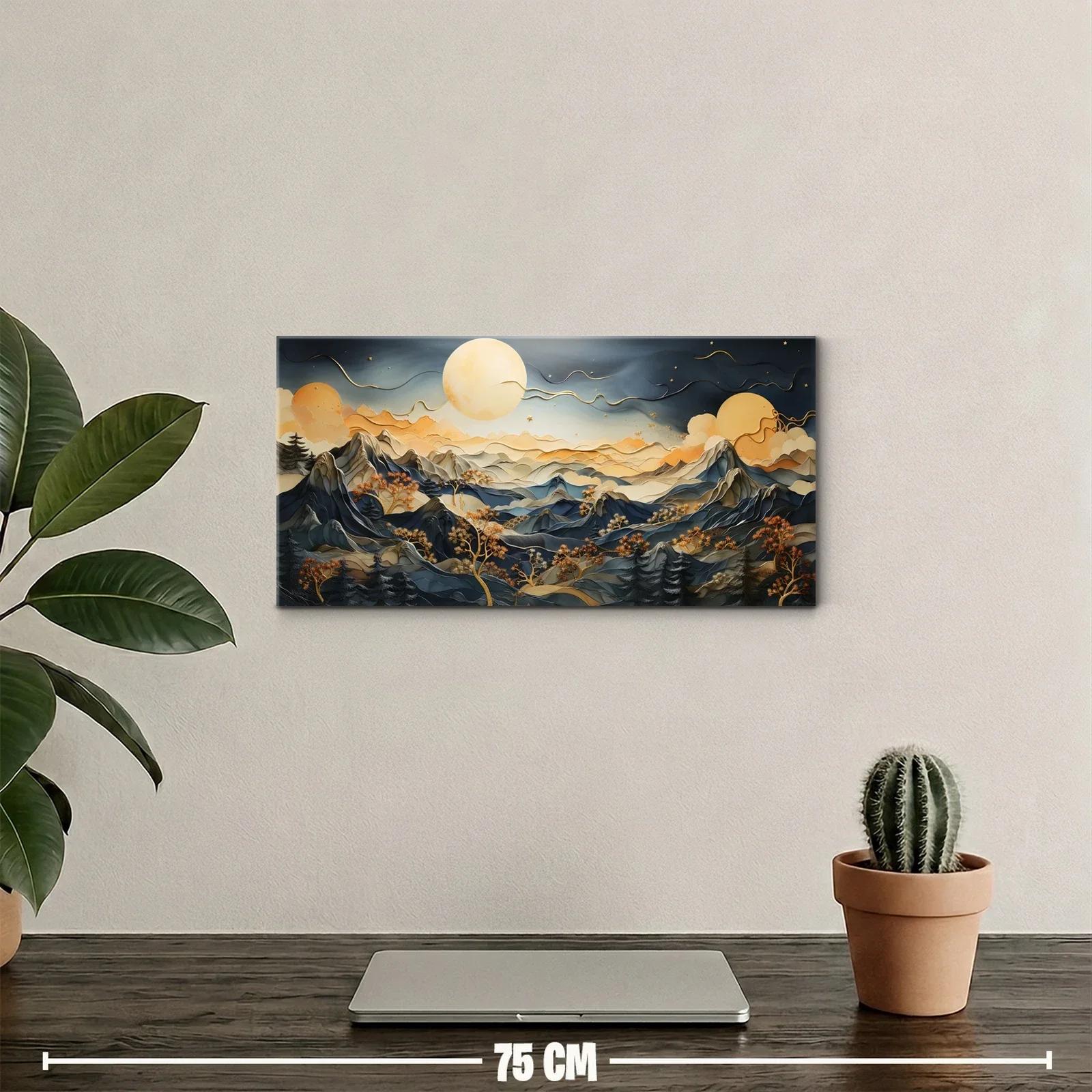 Cuadro paisaje de montañas con luna llena y otra esfera luminosa — miniatura 2