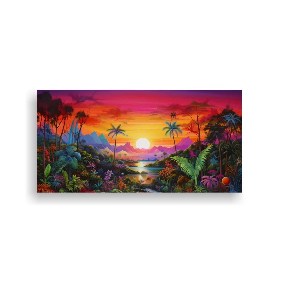 Cuadro paisaje tropical al atardecer con palmeras altas