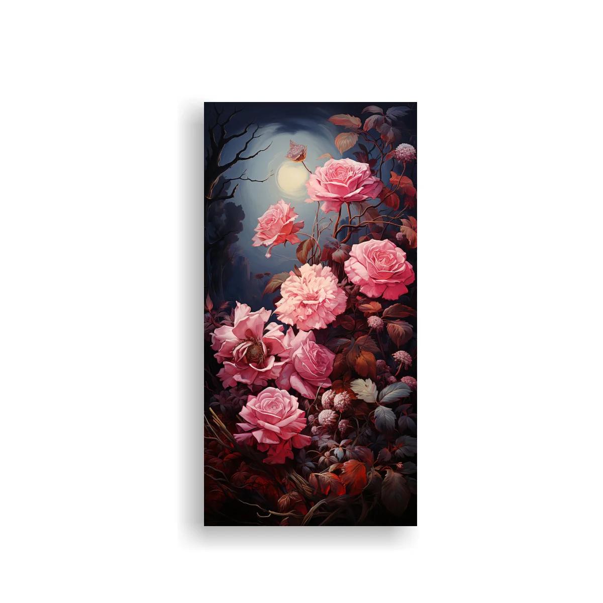 Cuadro rosas rosadas con pájaro posado