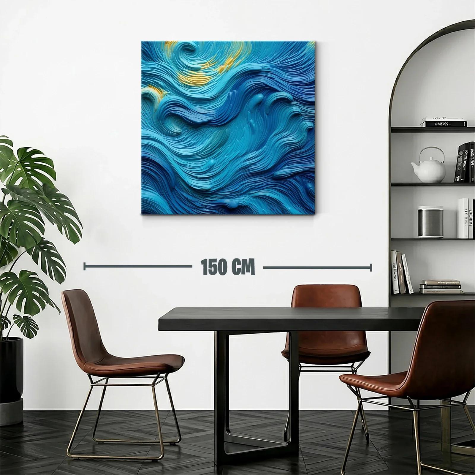 Cuadro abstracto con ondas en tonos azules y toques dorados — miniatura 2