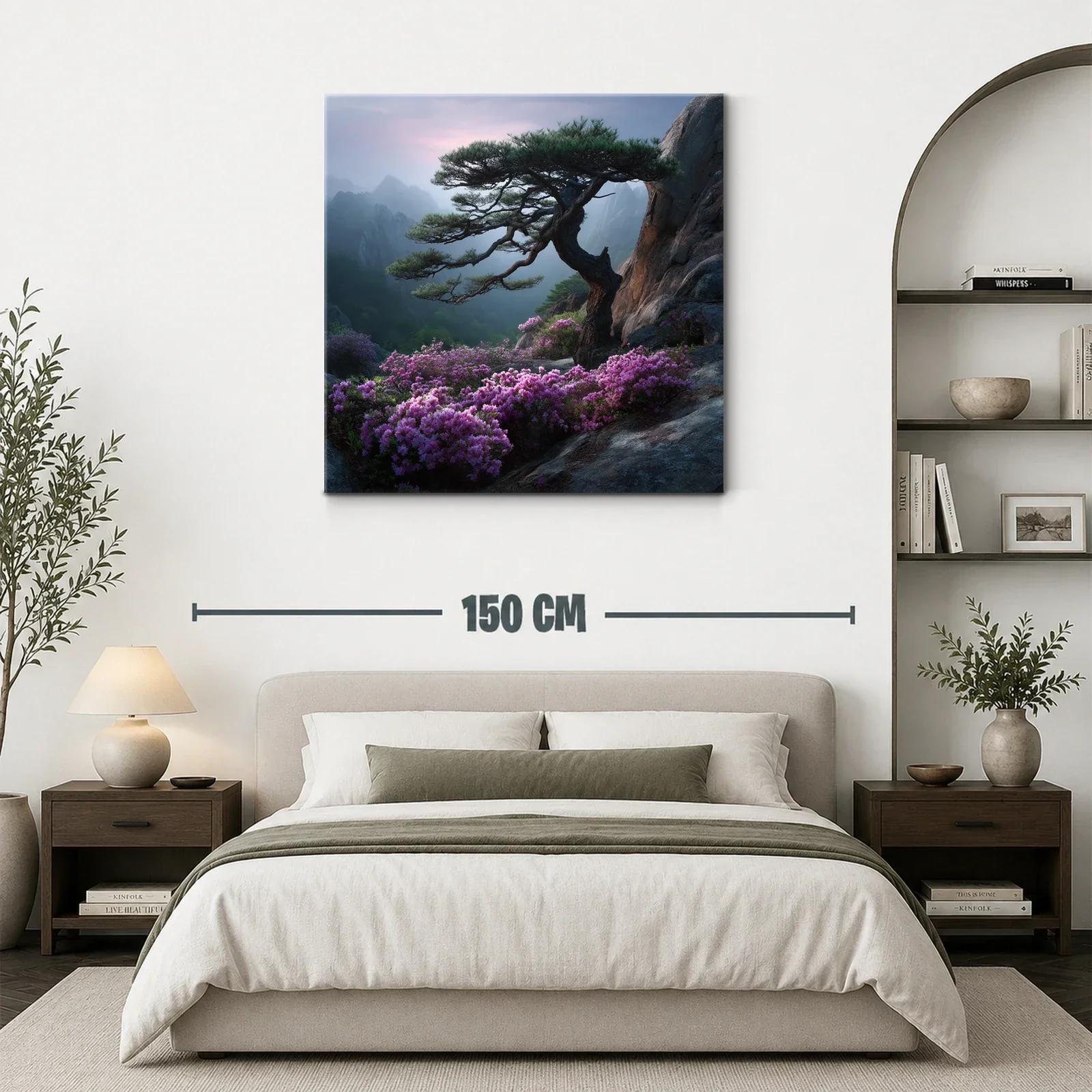 Paisaje sereno con árbol y flores sobre rocas en montaña — miniatura 3
