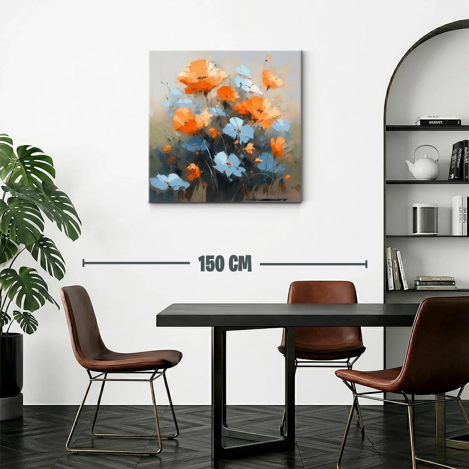 Cuadro moderno con flores naranjas y azules vibrantes — miniatura 2