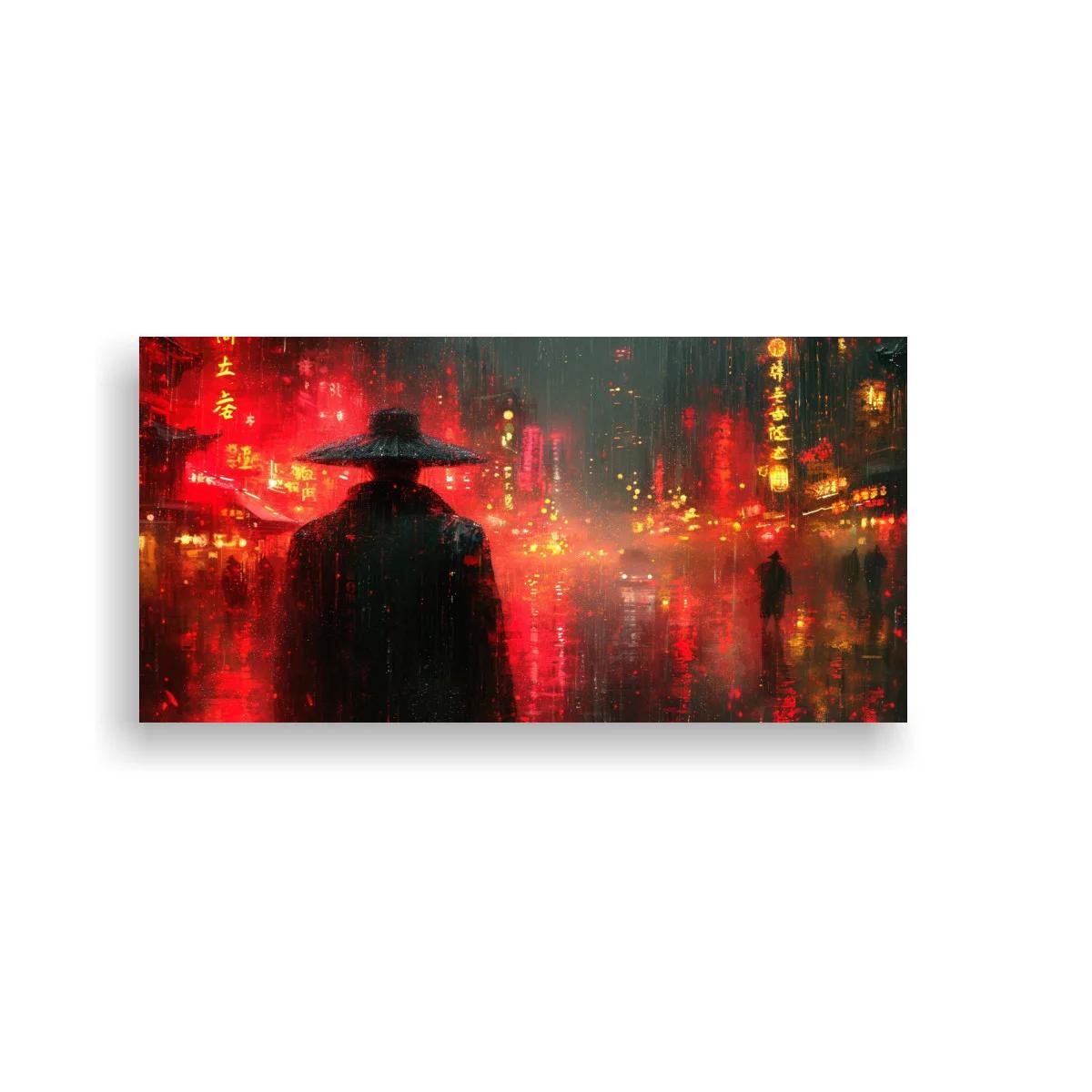 Cuadro figura con sombrero ancho bajo la lluvia y resplandor rojo