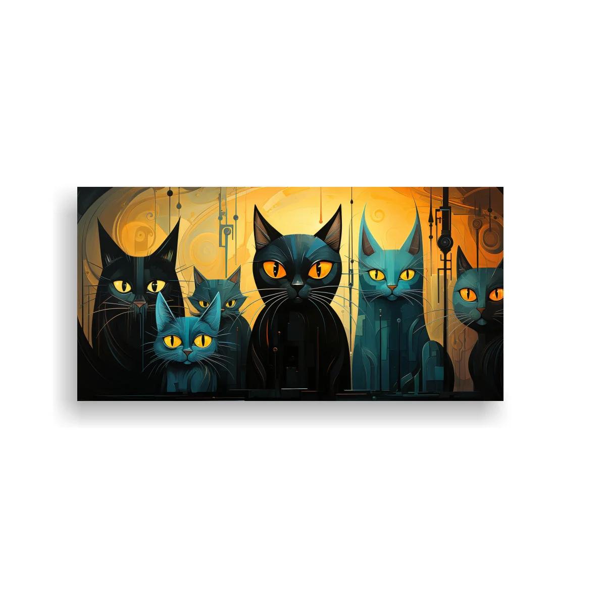 Cuadro gatos negros y azules con luna grande y faroles — imagen principal