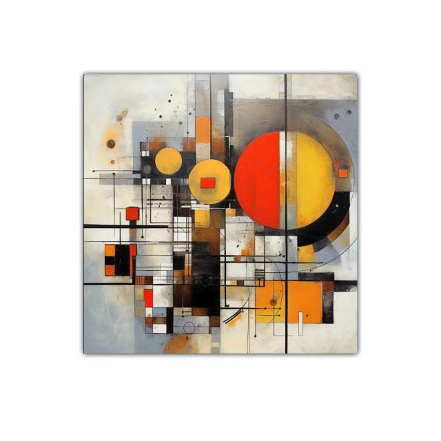 Cuadro abstracto con formas geométricas y colores cálidos