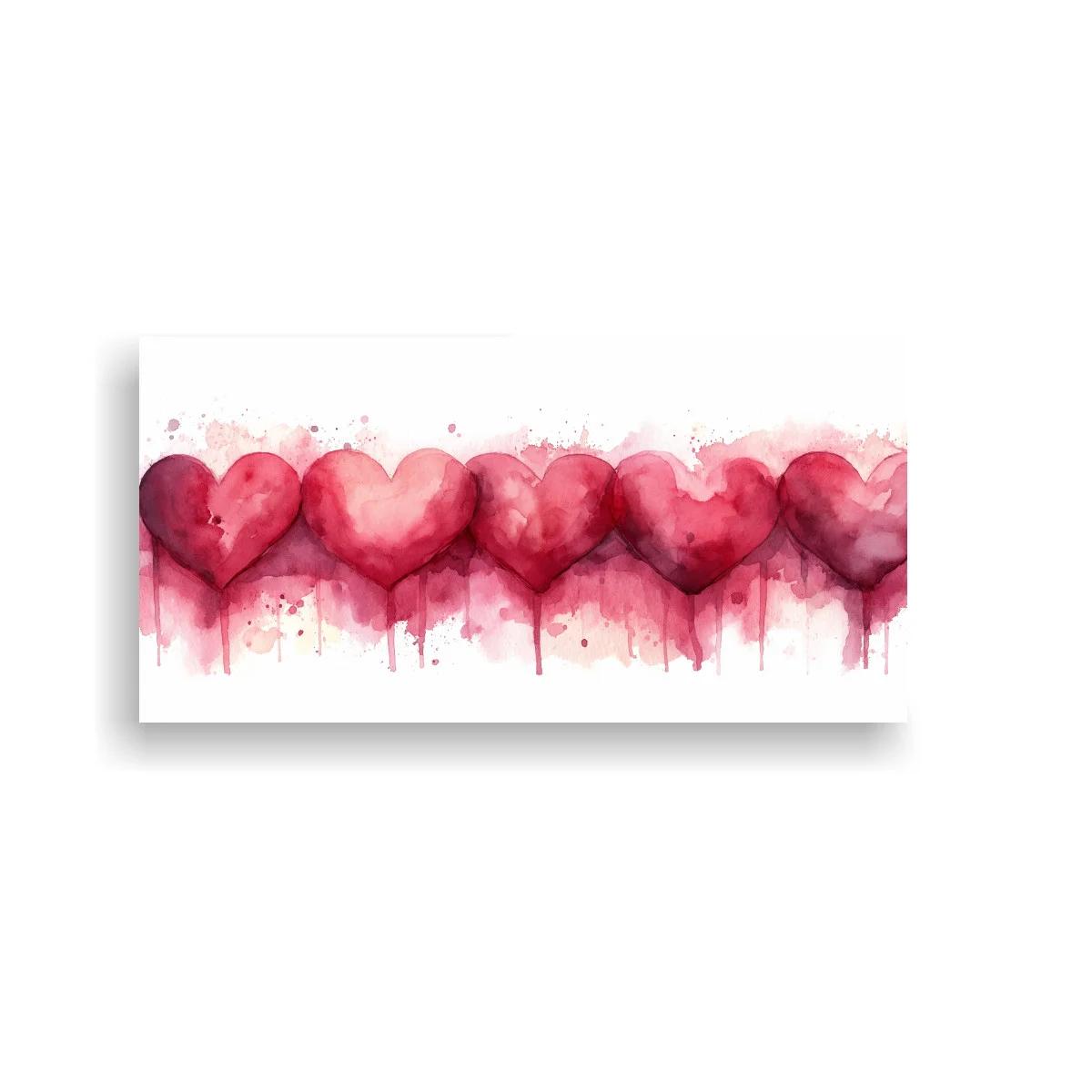 Cuadro cinco corazones rosas en línea con salpicaduras de pintura