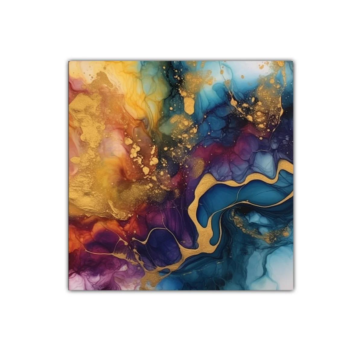 Cuadro abstracto con tonos dorados y azulados vibrantes — imagen principal