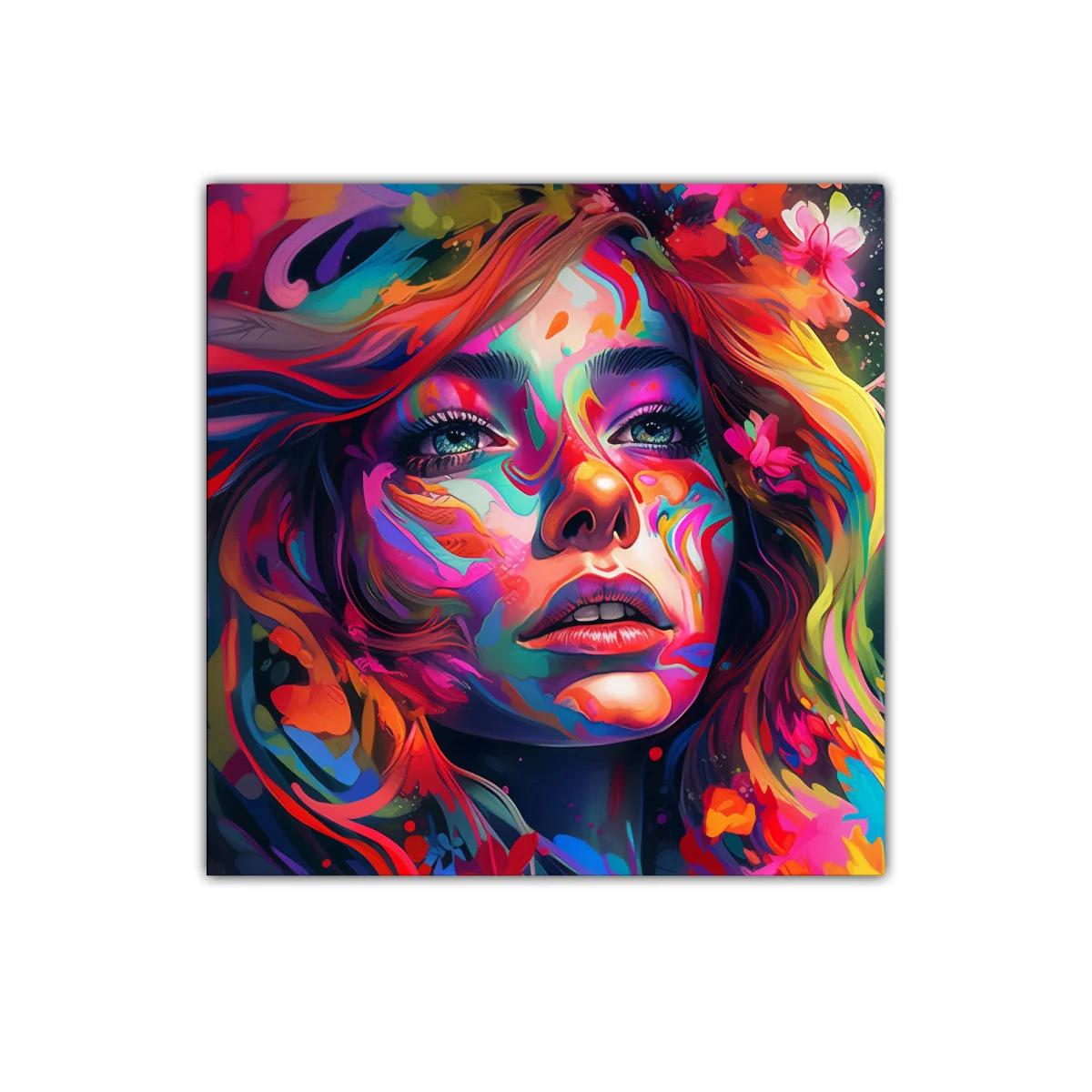Retrato vibrante con explosión de colores intensos y detalles florales