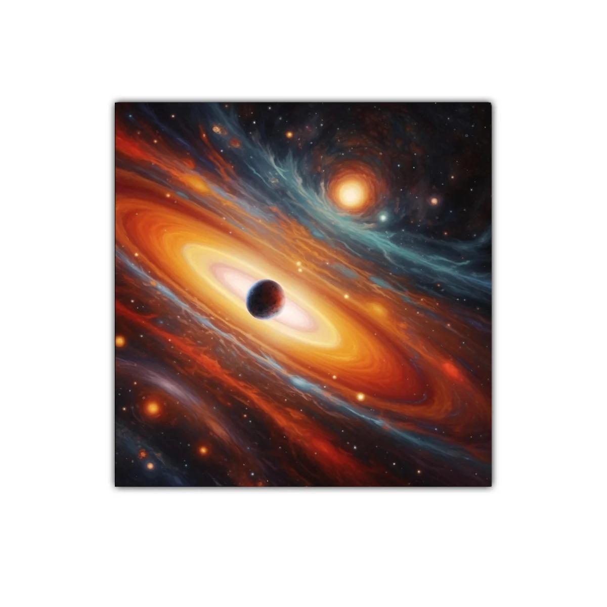 Cuadro galaxia en tonos cálidos con planeta central