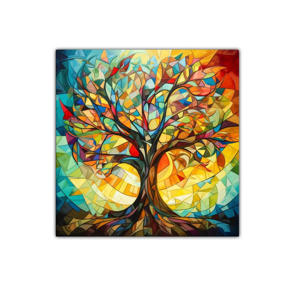 Árbol colorido con formas geométricas vibrantes
