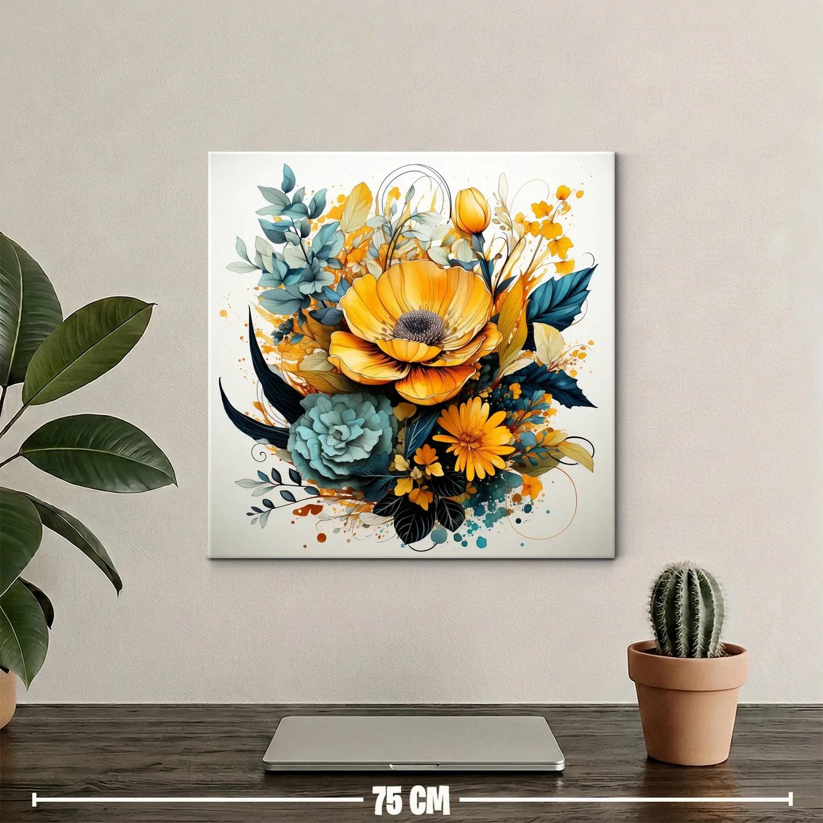 Cuadro floral vibrante con tonos amarillos y verdes azules — miniatura 2