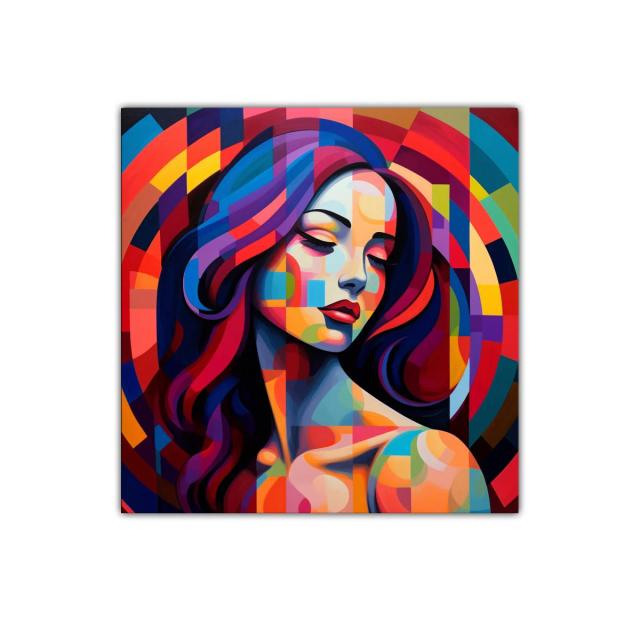 Rostro femenino en vibrantes formas geométricas coloridas