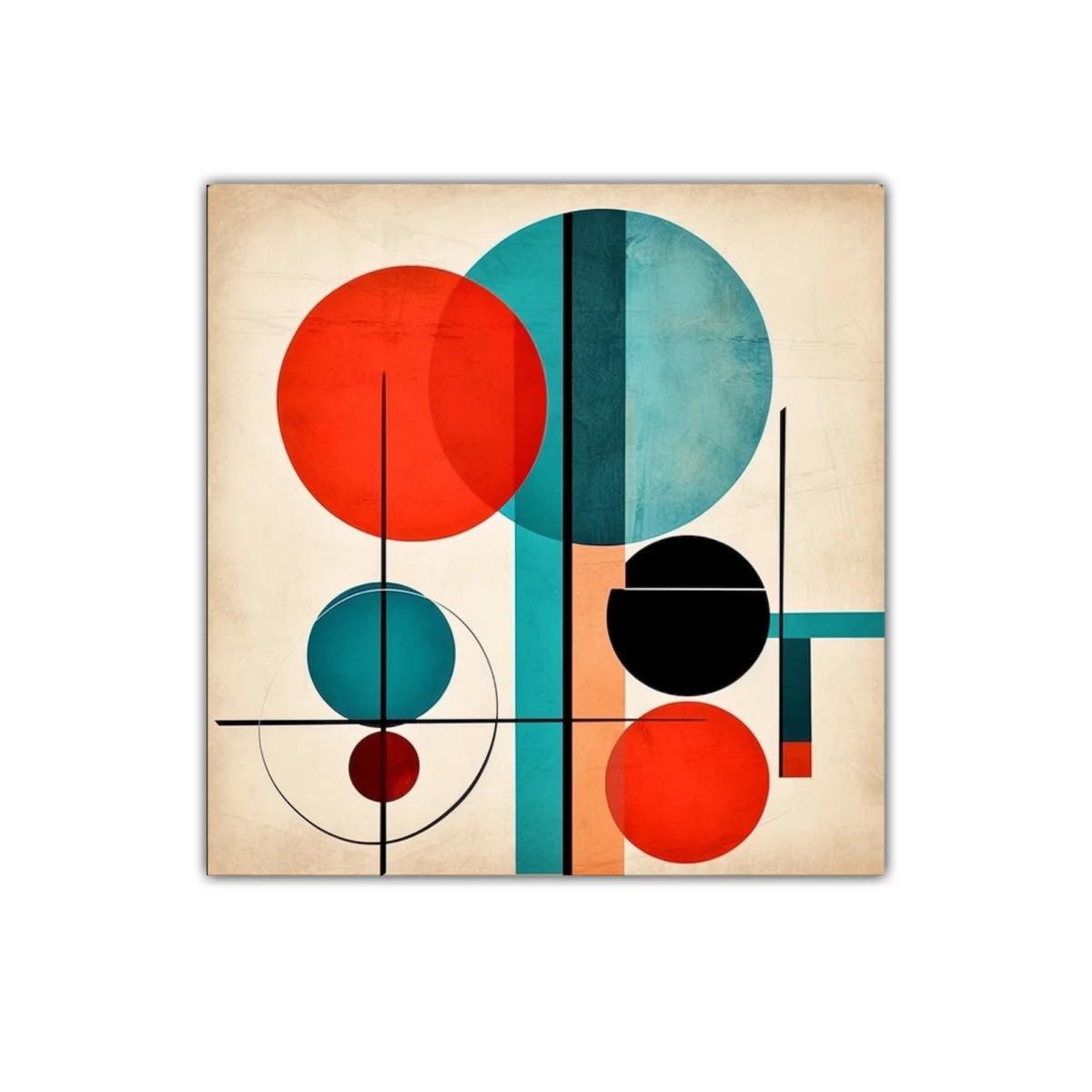 Cuadro abstracto con círculos en tonos rojo y azul vibrante