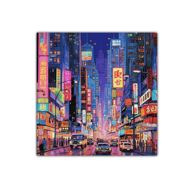 Ciudad vibrante con luces de neón al anochecer