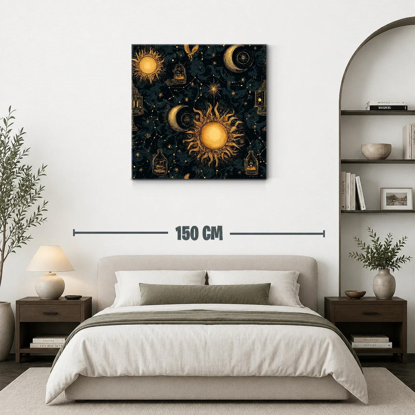 Cuadro celestial con sol y luna en tonos dorados y negros — miniatura 3