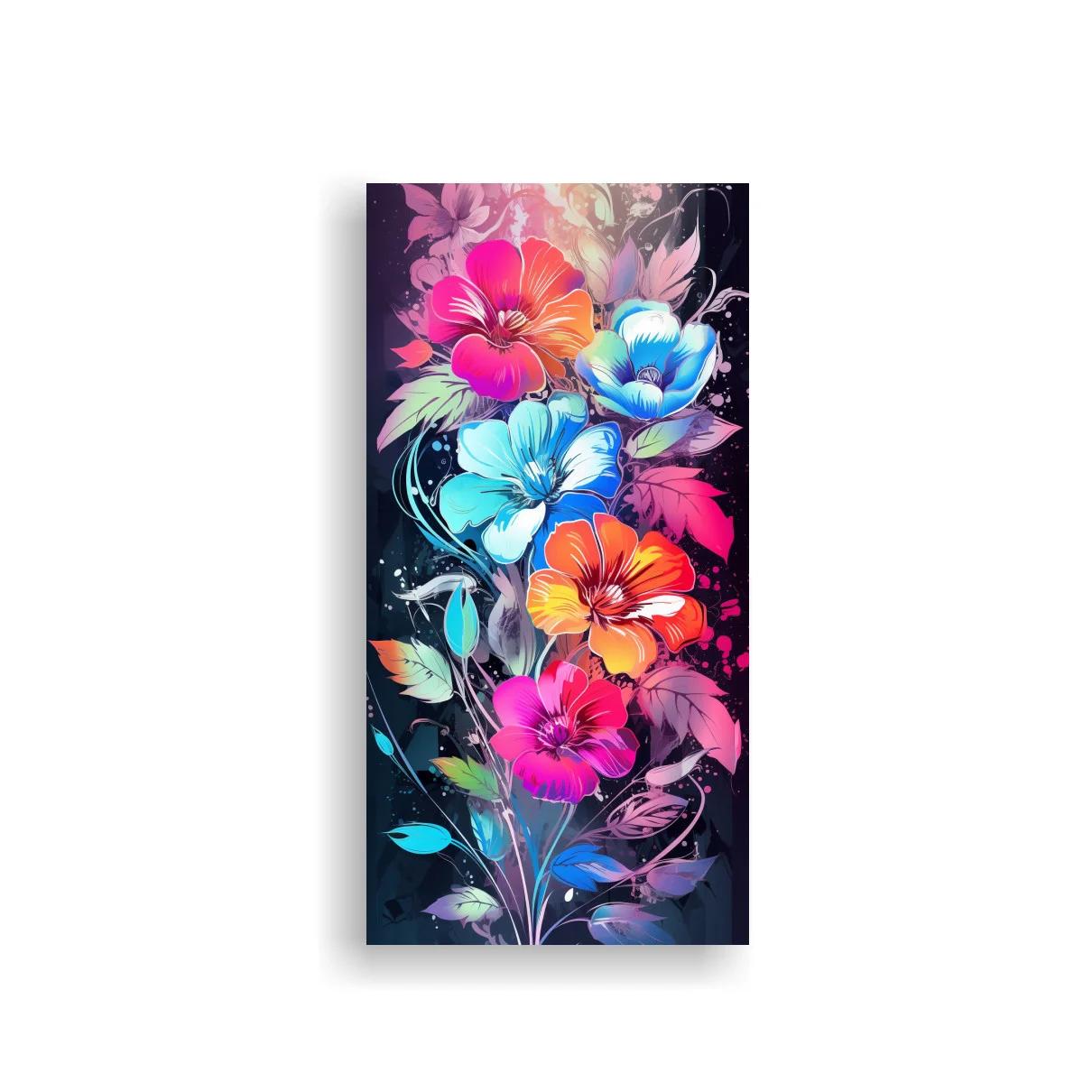 Cuadro flores tropicales brillantes con fondo oscuro y destellos