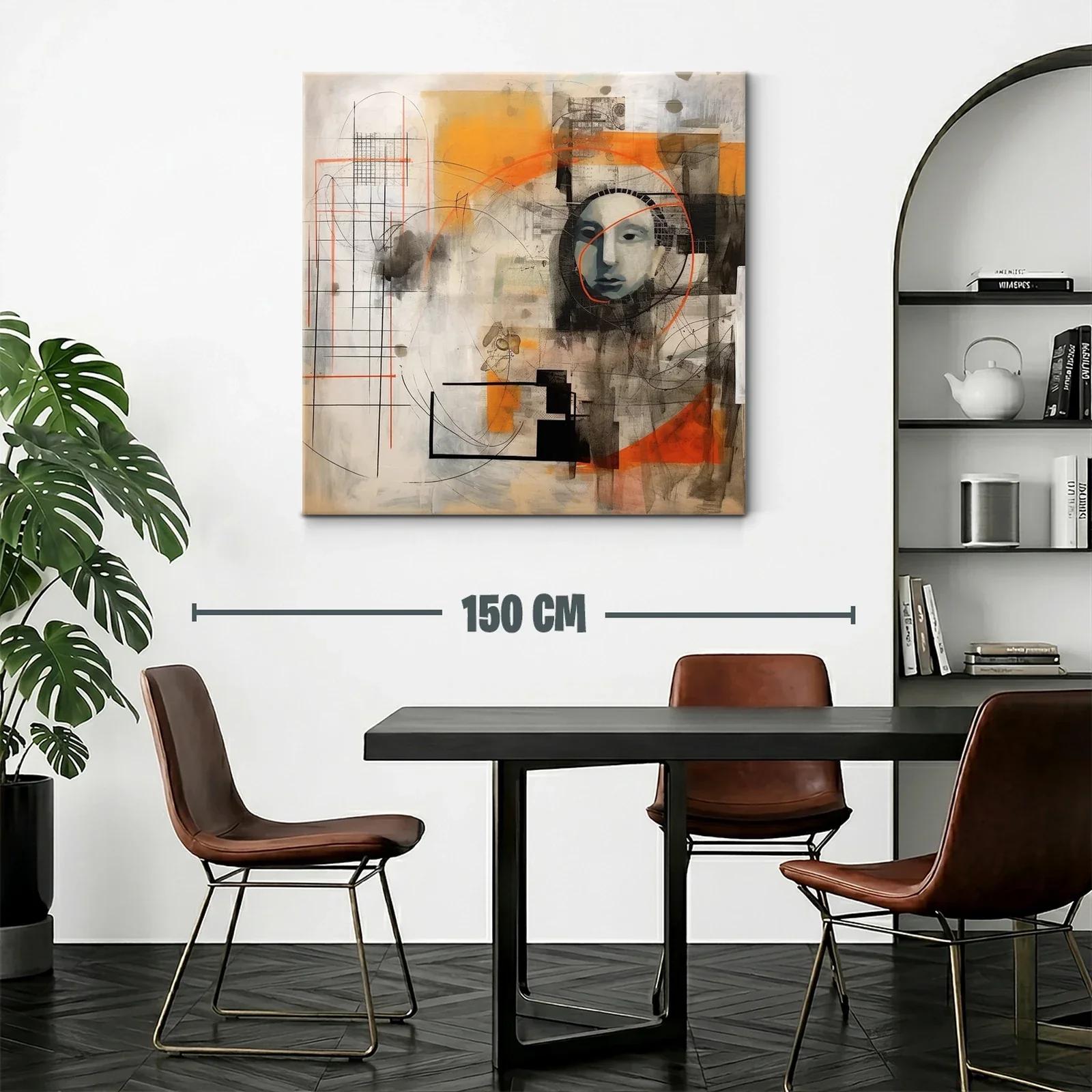 Cuadro abstracto con rostro y formas geométricas naranja y negro — miniatura 2
