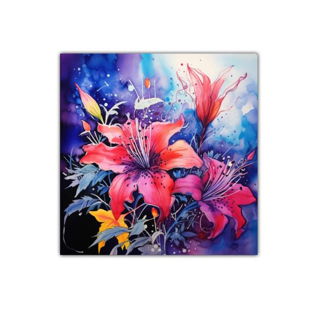 Cuadro vibrante con flores rojas y fondo azul intenso