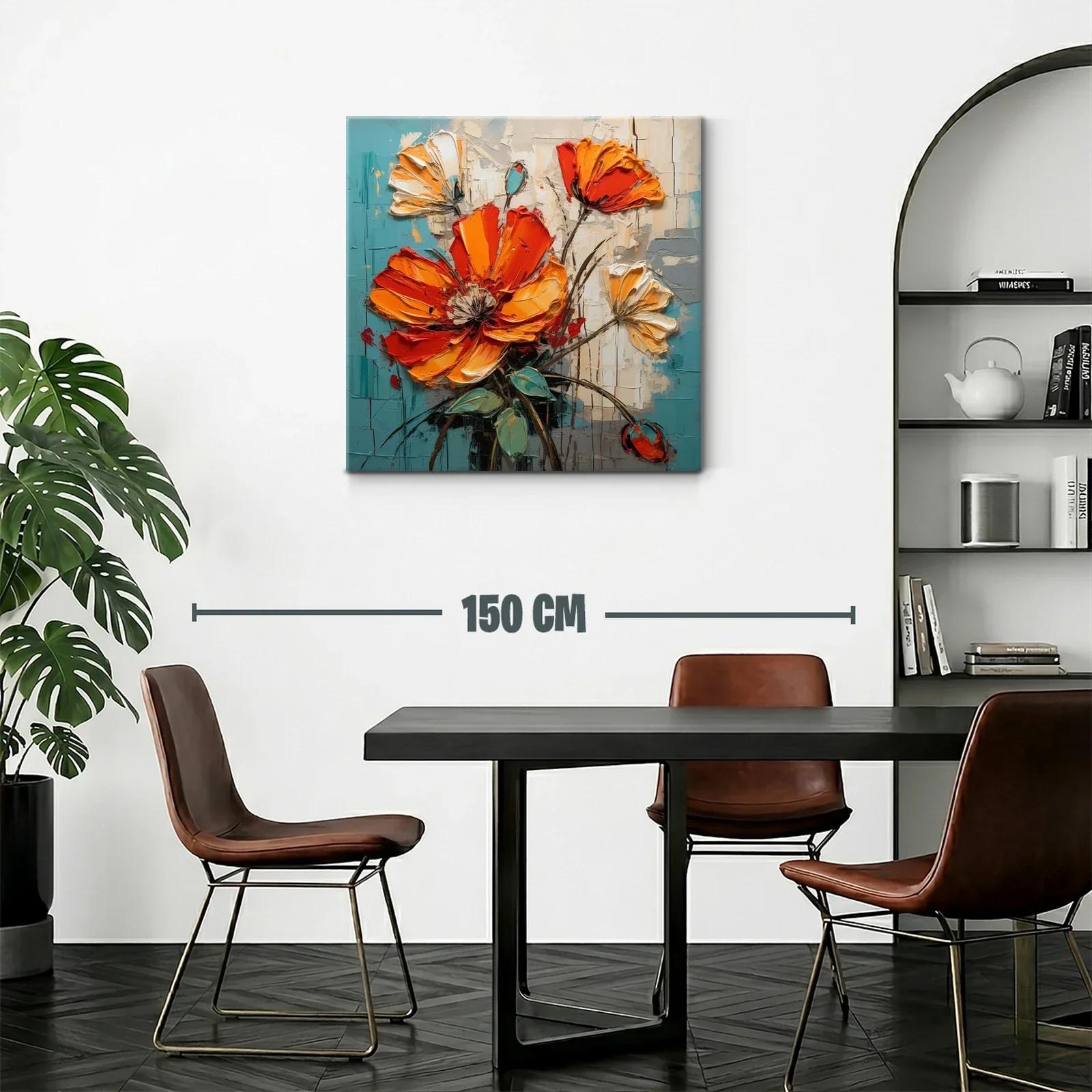 Cuadro floral con vibrantes tonos naranja y turquesa — miniatura 2