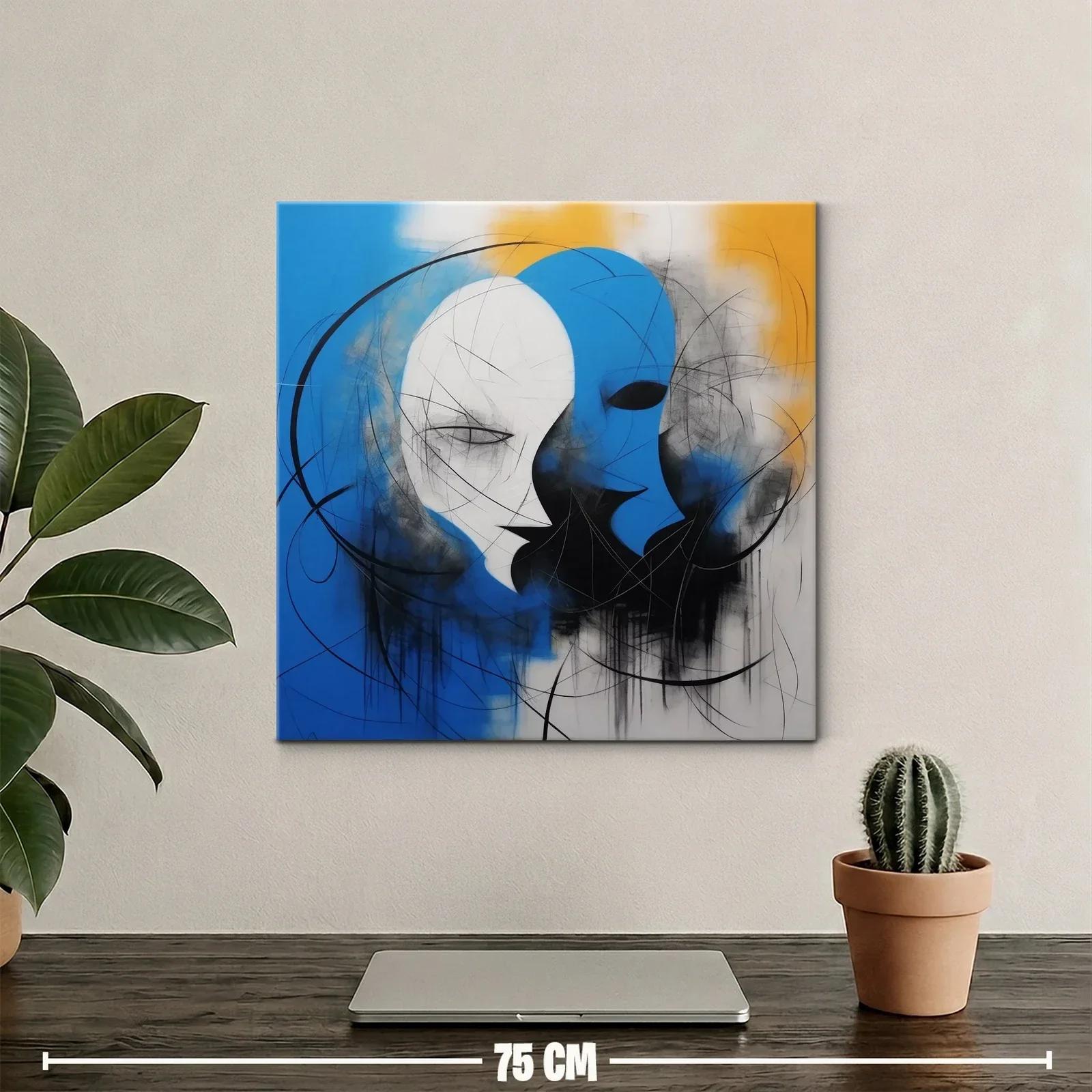 Cuadro abstracto con rostros en azul y blanco vibrante — miniatura 2