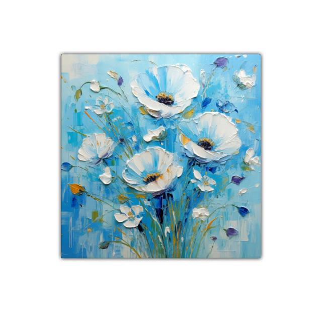 Cuadro decorativo de flores blancas sobre fondo azul