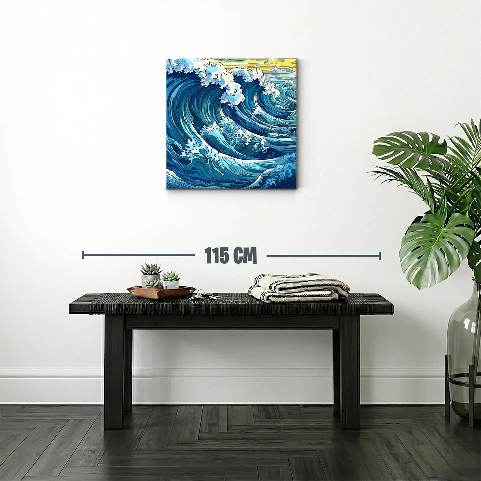 Vibrantes olas azules con espuma blanca y cielo amarillo — miniatura 2