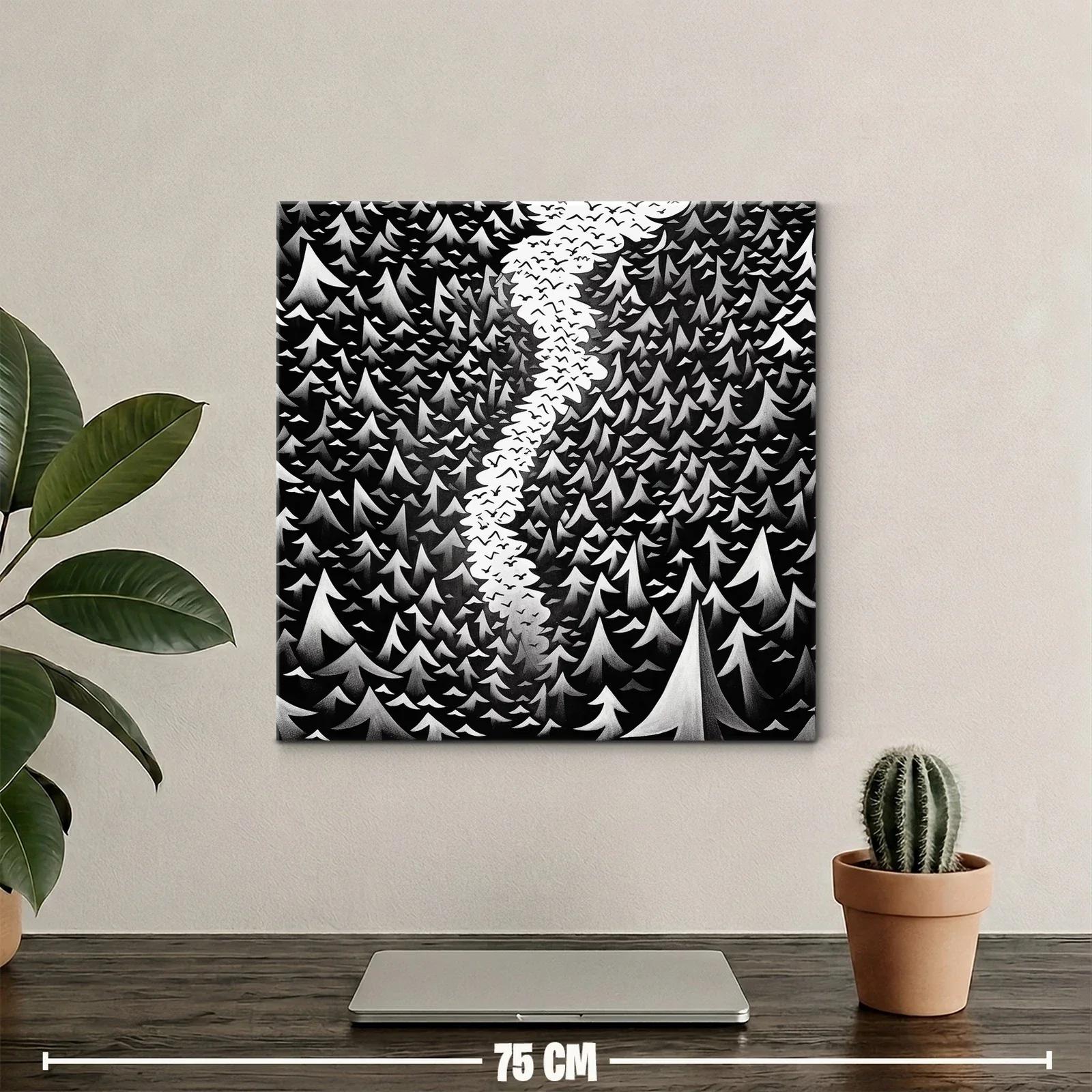Bosque en blanco y negro con cielo lleno de aves — miniatura 2