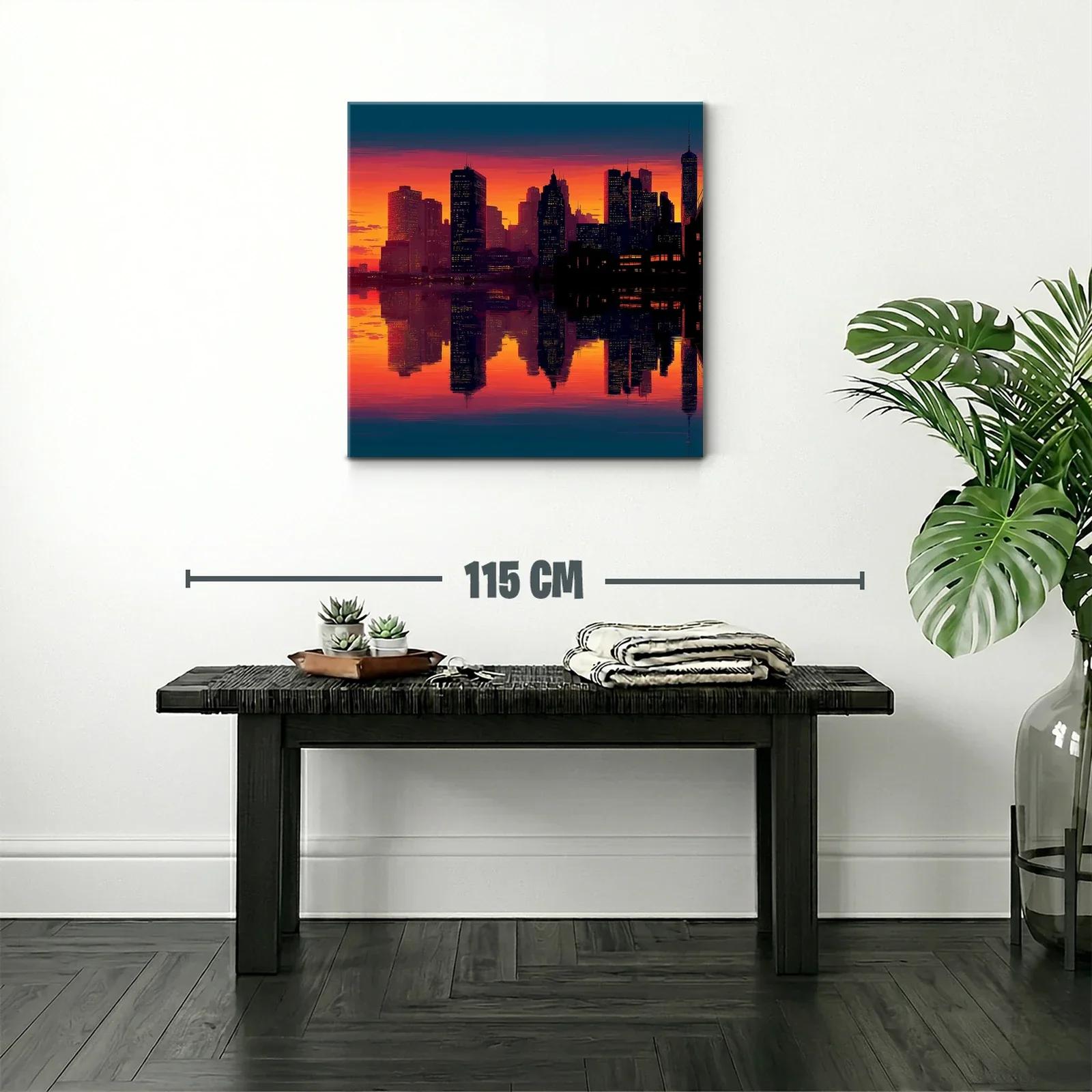 Atardecer vibrante sobre ciudad con reflejo en agua — miniatura 2