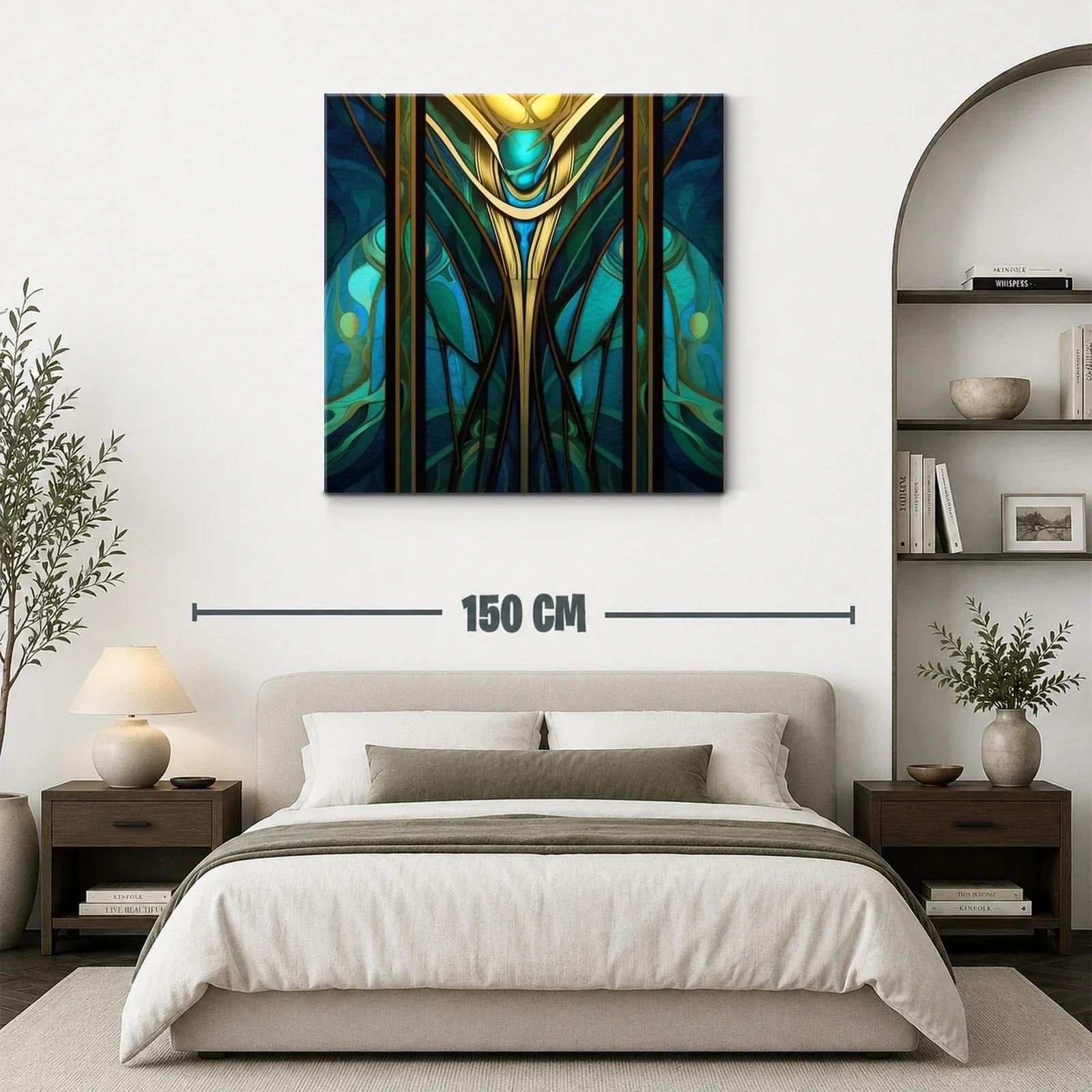 Cuadro abstracto con motivos dorados y turquesas vibrantes — miniatura 3