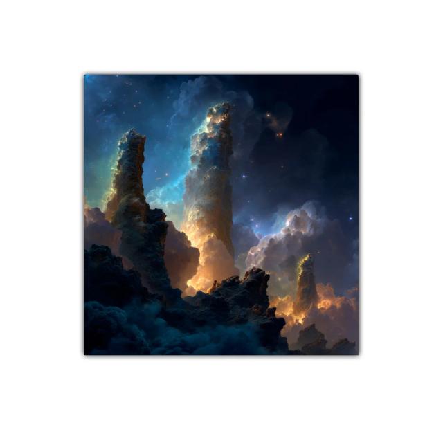 Paisaje cósmico con pilares de luz y nebulosas