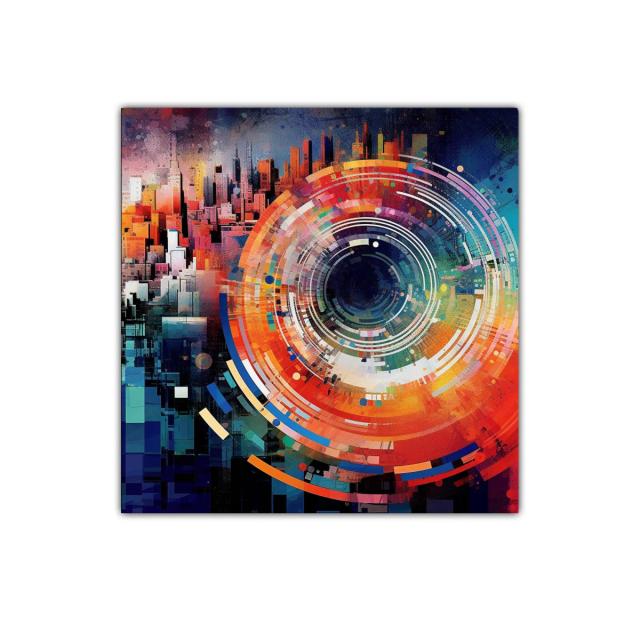 Explosión cromática con formas circulares y urbano abstracto