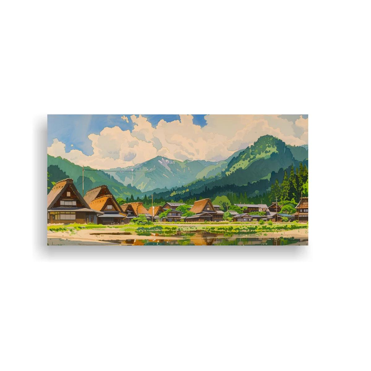 Cuadro pueblo de montaña con casas de madera y tejados triangulares
