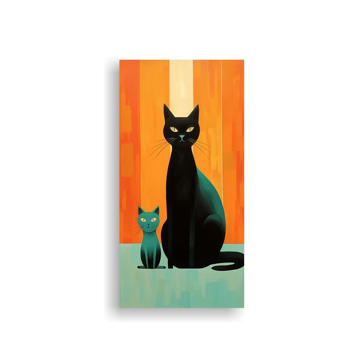 Cuadro gato negro con gatito turquesa y fondo naranja