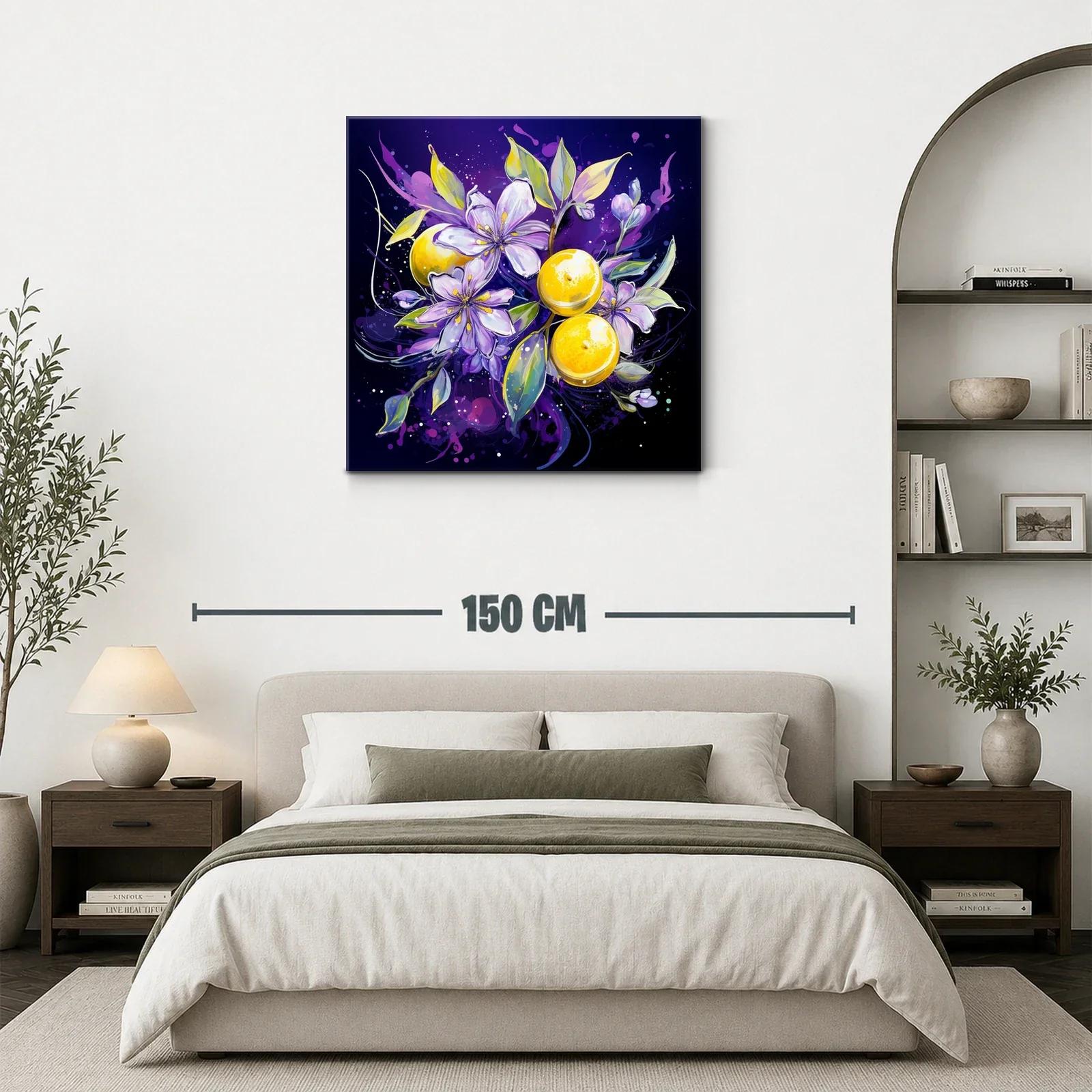 Composición vibrante con flores lilas y frutas amarillas — miniatura 3