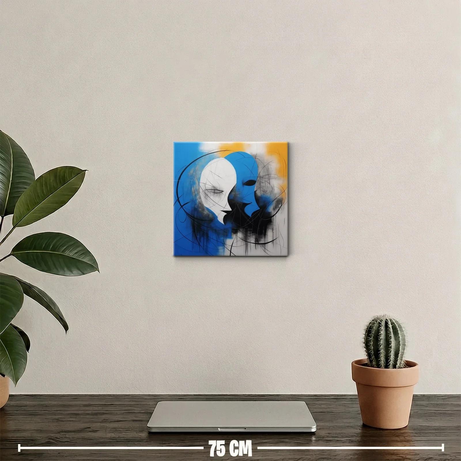 Cuadro abstracto con rostros en azul y blanco vibrante — miniatura 2