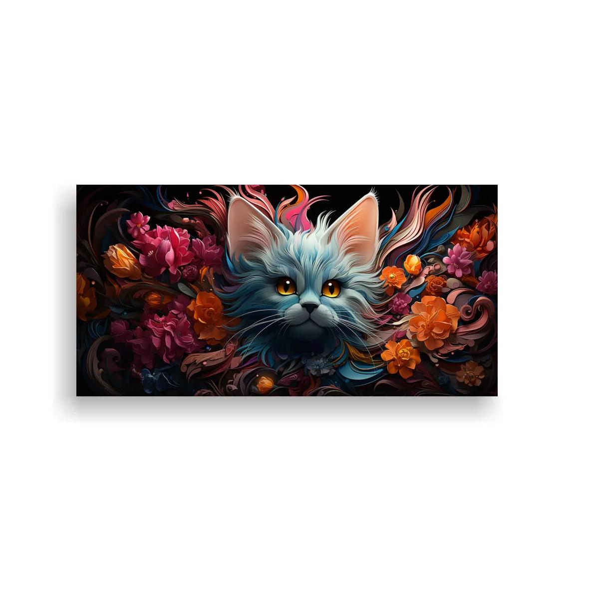 Cuadro gato de pelo largo entre flores y remolinos