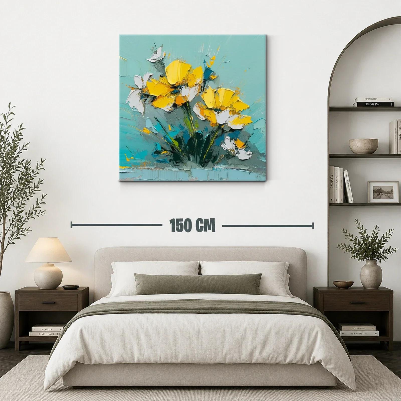Cuadro floral con vibrantes pétalos amarillos y fondo turquesa — miniatura 3