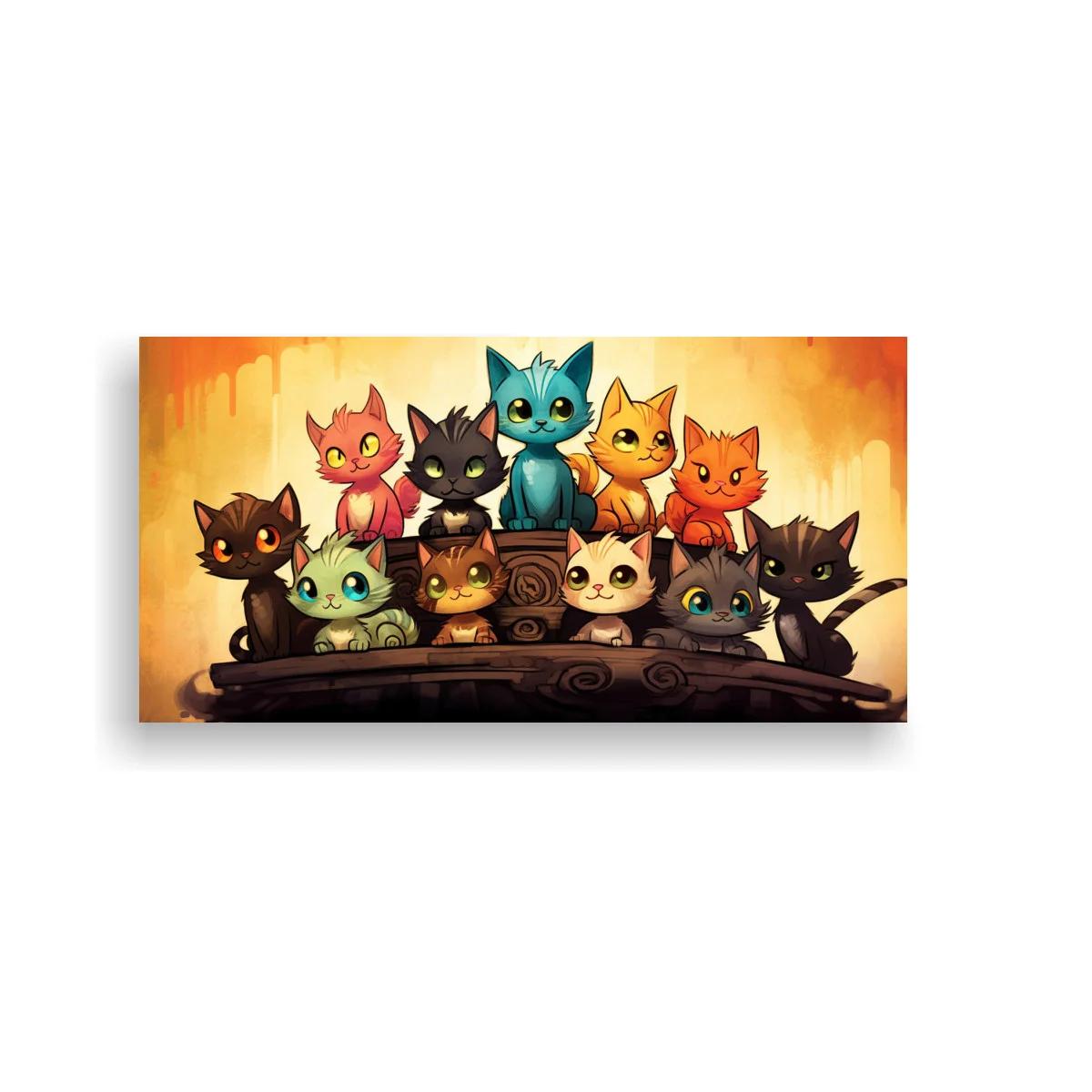 Cuadro grupo de gatos caricaturescos con tablones de madera