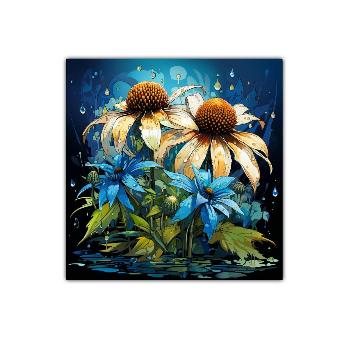 Flores vibrantes con gotas sobre fondo azul oscuro — imagen principal