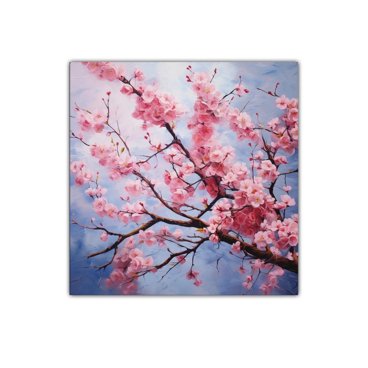 Rama de flores rosas sobre fondo azul celeste